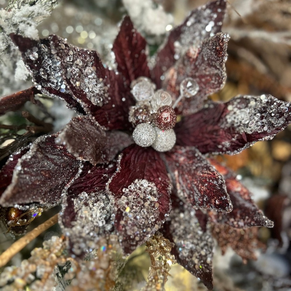 Elegant Copper Burgundy Glam Poinsettia Floral with Crystal Sequin Accents - Picture 2 of 6